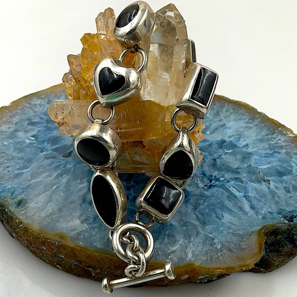 925 Sterling Silver Black Onyx Link Bracelet - Women's Bracelet vintage